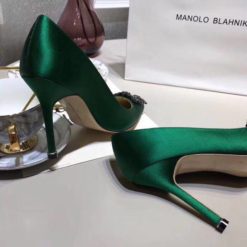 Атласные женские туфли Manolo Blahnik Hangisi 9.5 см каблук зеленые