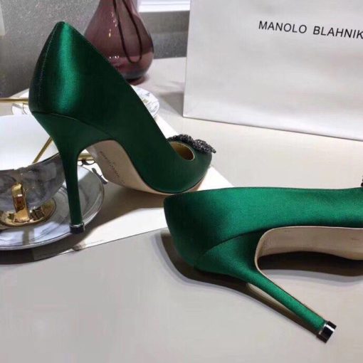 Атласные женские туфли Manolo Blahnik Hangisi 9.5 см каблук зеленые - фото 2