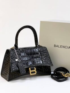 Женская кожаная сумка Balenciaga Hourglass чёрная золото 23/14 см