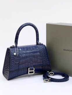 Женская кожаная сумка Balenciaga Hourglass синяя 23/14 см