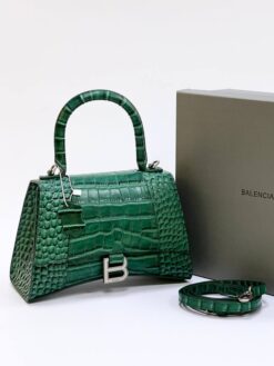 Женская кожаная сумка Balenciaga Hourglass зелёная 23/14 см