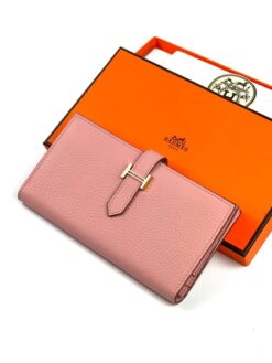 Кожаный бумажник Hermes Premium 17/9 см розовый - фото 4