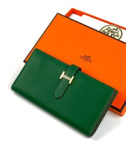 Кожаный бумажник Hermes Premium 17/9 см зеленый - фото 8