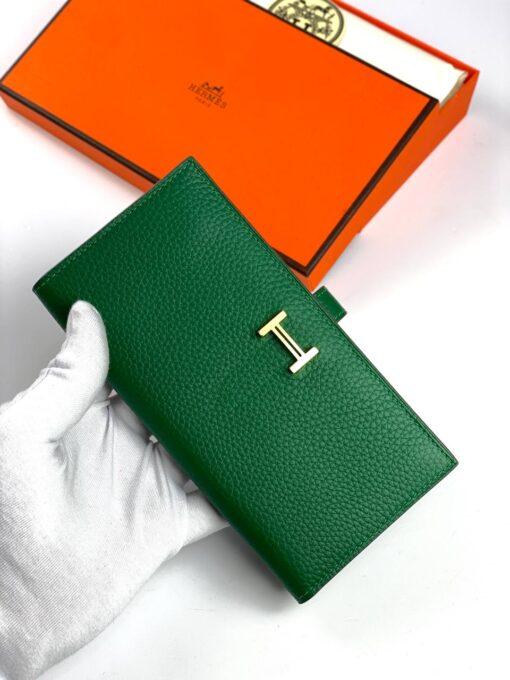 Кожаный бумажник Hermes Premium 17/9 см зеленый - фото 4