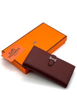 Кожаный бумажник Hermes 18/10 см A118689 бордовый - фото 3