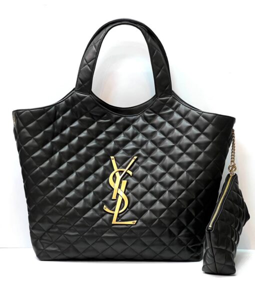 Хозяйственная сумка YSL Icare Maxi 698651 Premium кожаная стёганая чёрная 38X58/43Х8 см - фото 3