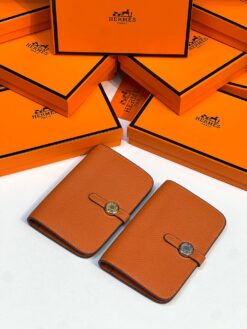 Кожаный кошелёк Hermes Premium 15/10 см каштановый (фурнитура золото/серебро) - фото 12