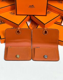 Кожаный кошелёк Hermes Premium 15/10 см каштановый (фурнитура золото/серебро)