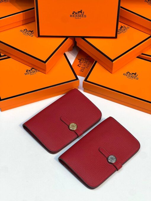 Кожаный кошелёк Hermes Premium 15/10 см красный (фурнитура золото/серебро) - фото 1