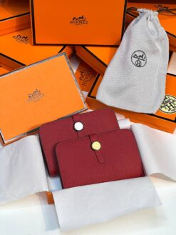 Кожаный кошелёк Hermes Premium 15/10 см красный (фурнитура золото/серебро)