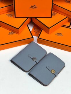 Кожаный кошелёк Hermes Premium 15/10 см голубой (фурнитура золото/серебро) - фото 2