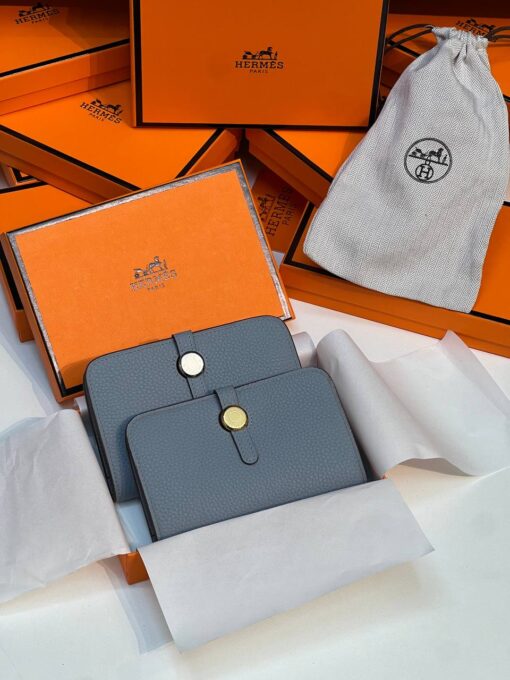 Кожаный кошелёк Hermes Premium 15/10 см голубой (фурнитура золото/серебро) - фото 2