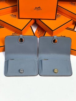 Кожаный кошелёк Hermes Premium 15/10 см голубой (фурнитура золото/серебро)