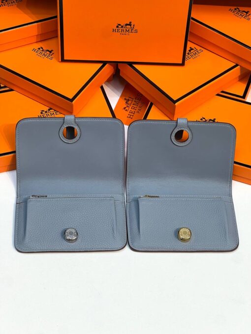 Кожаный кошелёк Hermes Premium 15/10 см голубой (фурнитура золото/серебро) - фото 3