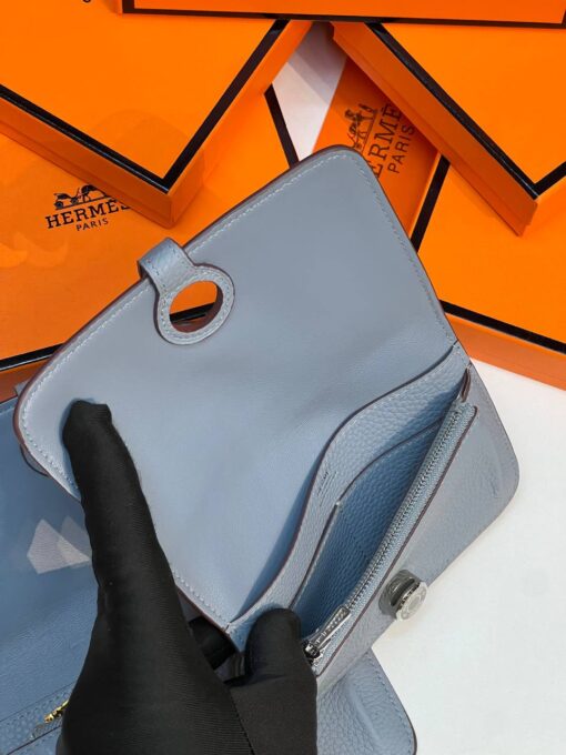 Кожаный кошелёк Hermes Premium 15/10 см голубой (фурнитура золото/серебро) - фото 6