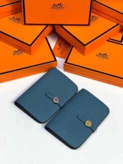 Кожаный кошелёк Hermes Premium 15/10 см синий (фурнитура золото/серебро) - фото 13