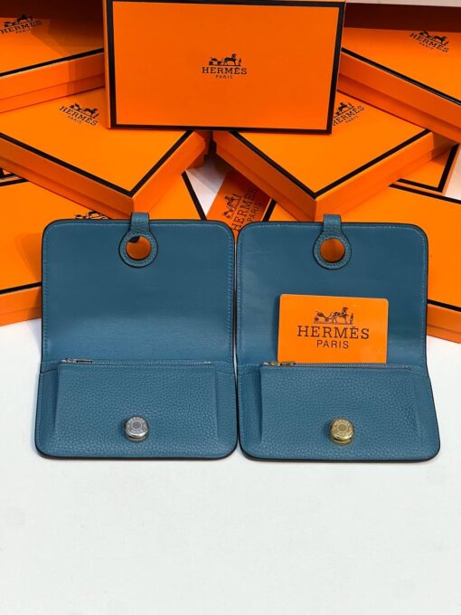 Кожаный кошелёк Hermes Premium 15/10 см синий (фурнитура золото/серебро) - фото 3