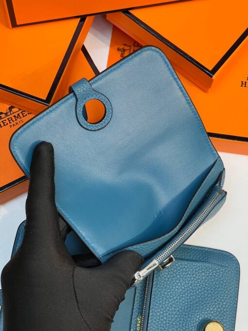 Кожаный кошелёк Hermes Premium 15/10 см синий (фурнитура золото/серебро) - фото 4