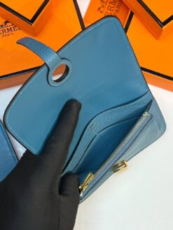 Кожаный кошелёк Hermes Premium 15/10 см синий (фурнитура золото/серебро)