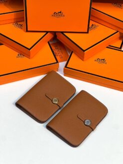 Кожаный кошелёк Hermes Premium 15/10 см коричневый (фурнитура золото/серебро)