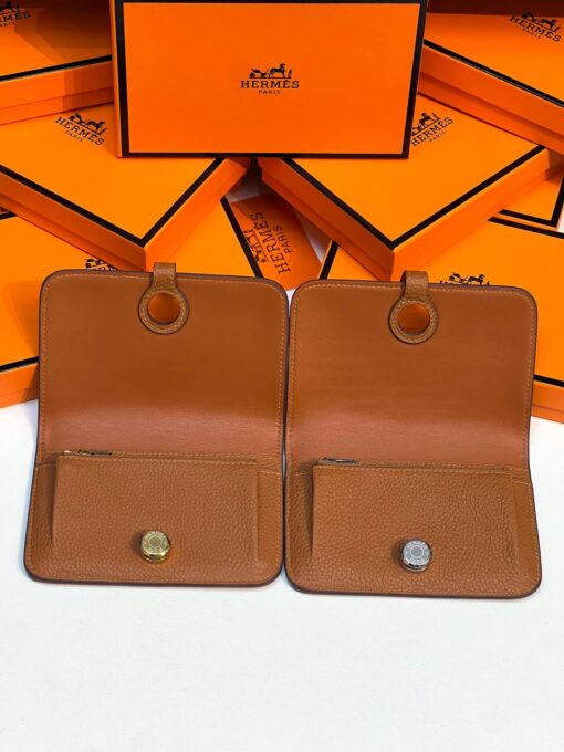 Кожаный кошелёк Hermes Premium 15/10 см коричневый (фурнитура золото/серебро) - фото 3