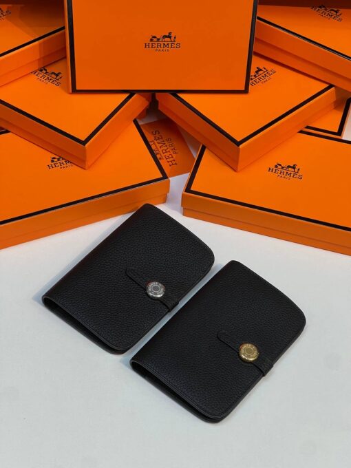 Кожаный кошелёк Hermes Premium 15/10 см чёрный (фурнитура золото/серебро) - фото 1