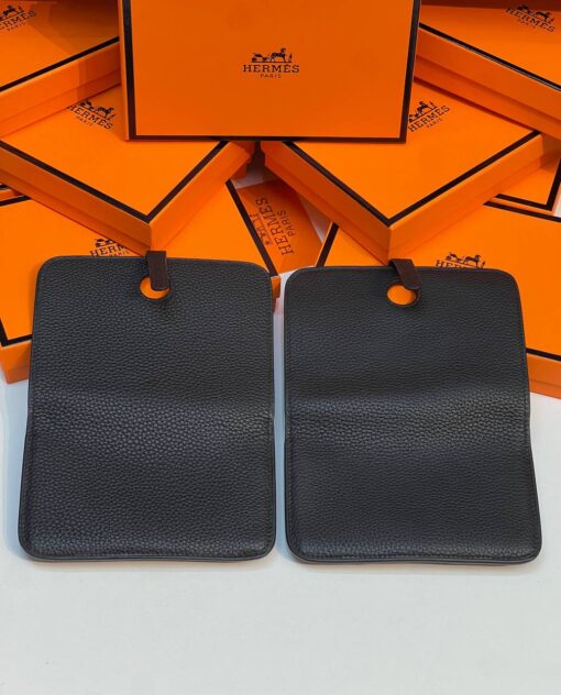 Кожаный кошелёк Hermes Premium 15/10 см чёрный (фурнитура золото/серебро) - фото 4