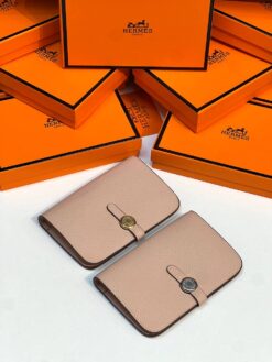 Кожаный кошелёк Hermes Premium 15/10 см светло-бежевый (фурнитура золото/серебро) - фото 5