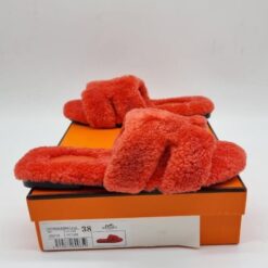 Шлёпанцы меховые женские Hermes Fur A124154 оранжевые - фото 5