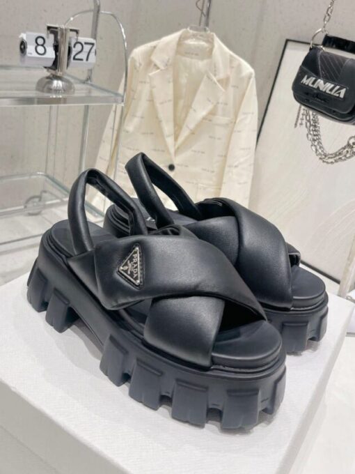 Женские сандалии Prada Monolith Cross Leather A127487 чёрные - фото 1