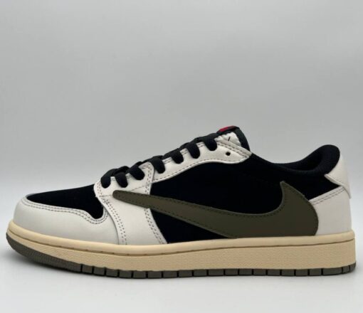 Кроссовки Nike Air Jordan 1 Low x Travis Scott чёрно-белые с хаки - фото 1