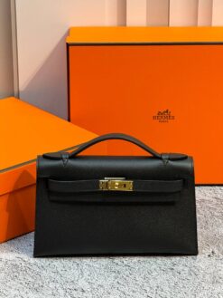Женская сумка Hermes Kelly Pochette 22 Epsom Gold Hardware Premium Black