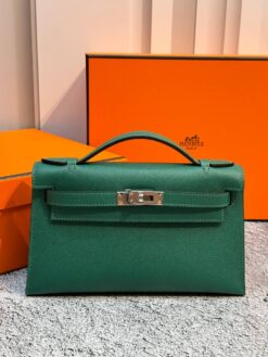 Женская сумка Hermes Kelly Pochette 22 Epsom Palladium Hardware Premium Green