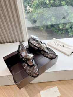 Балетки из сетки Alaia Ballet Flats Jewel In Fishnet Premium AA3A057 Black Silver