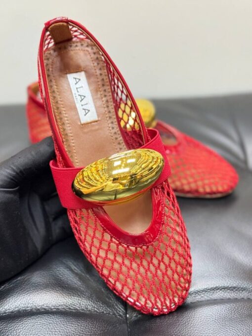 Балетки из сетки Alaia Ballet Flats Jewel In Fishnet Premium AA3A057 Red Gold - фото 1