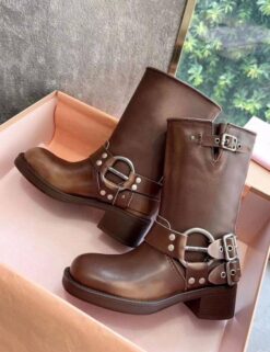 Ботинки Miu Miu Vintage-look Booties 5M744D Leather Autumn Premium Brown