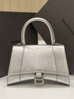 Женская кожаная сумка Balenciaga Hourglass A133626 серебристая 23/14 см