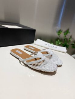 Шлёпанцы из сетки Alaia Infradito Flat Mules In Fishnet And Leather Premium A133633 White