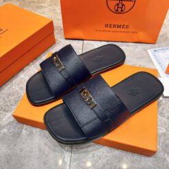 Шлёпанцы мужские кожаные Hermes A137483 большие размеры (46, 47, 48, 49) тёмно-синие