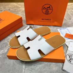 Шлёпанцы мужские кожаные Hermes A137474 большие размеры (46, 47, 48, 49) белые