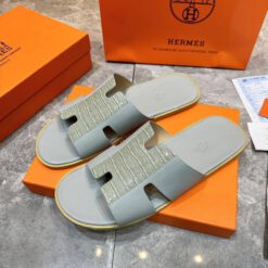 Шлёпанцы мужские кожаные Hermes A137457 большие размеры (46, 47, 48, 49) серые