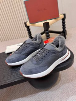 Мужские кроссовки Лоро Пиано Weekend Walk Evo Wind Suede-Trimmed Shell Fur Premium Grey
